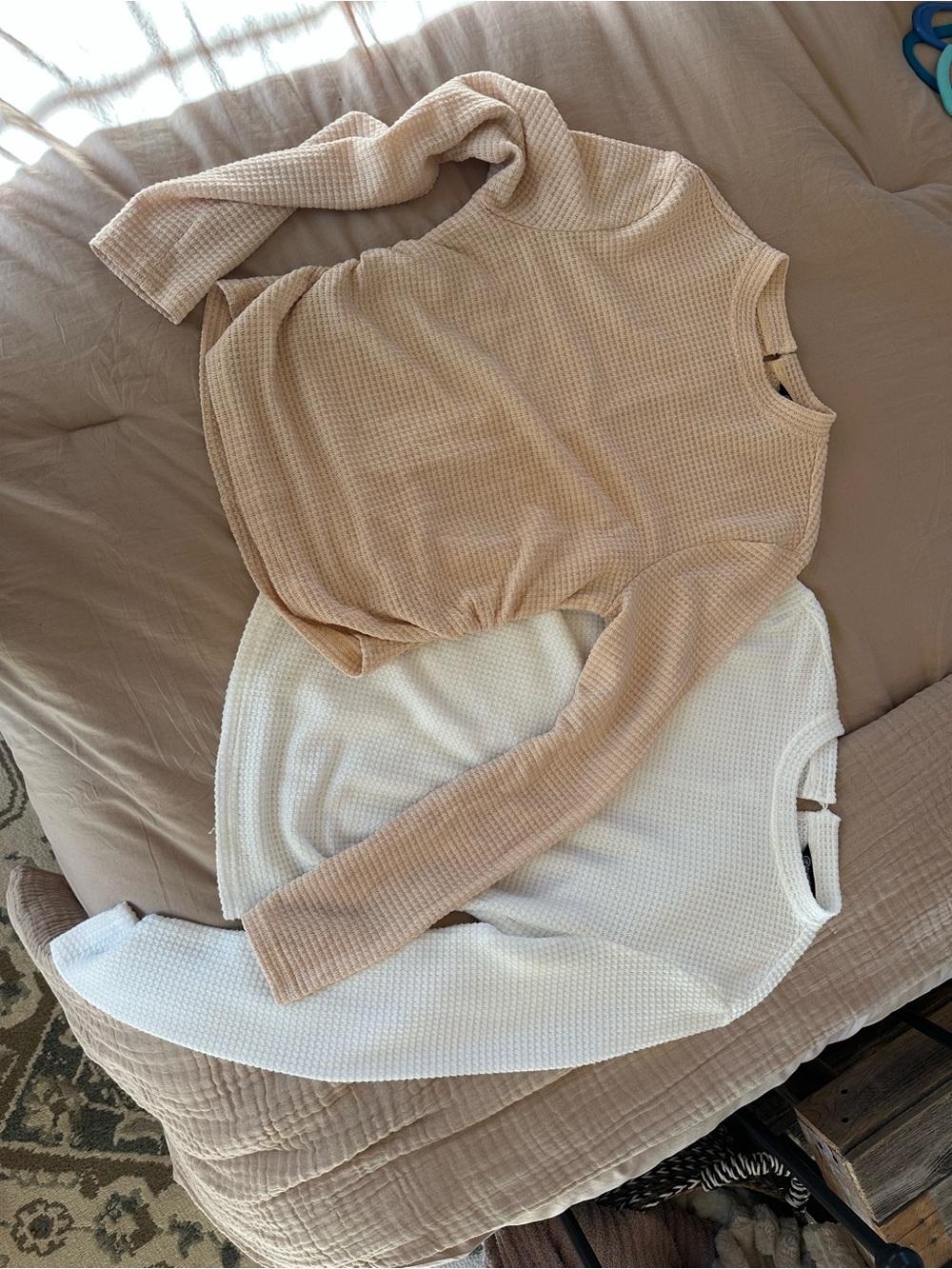 Waffle Knit Long Sleeve Top - Cream & White